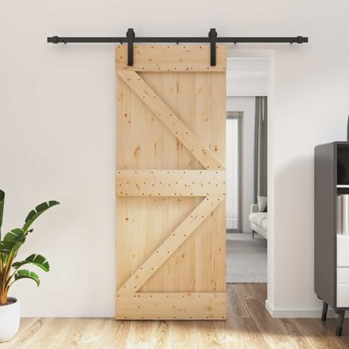 Ziaphsol Schiebetür aus Massivkiefer Natürlich Schwarz 85 x 210 cm Innenraum Zimmertür mit pulverbeschichteter Stahlschiene platzsparend für Wohnung Renovation und Einbau