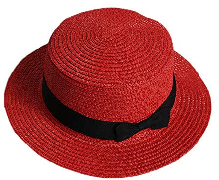 Elonglin Femme Chapeau de Paille de Soleil Panama Capeline Chapeau Porkpie avec Nœud Papillon Rouge Adule