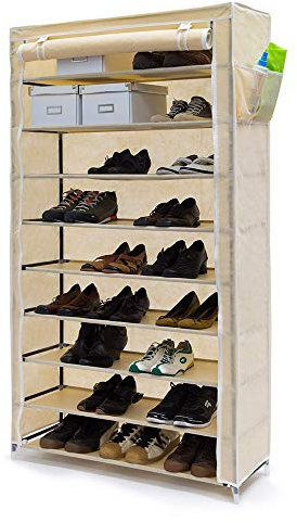 BAKAJI Scarpiera Armadio Salvaspazio, 10 Ripiani, Fino a 45 Paia Di Scarpe, Struttura Acciaio e Rivestimento In Tessuto TNT Impermeabile, Con Chiusura Zip, Antipolvere, Beige, 90 x 30 x 160 cm