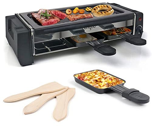 HengBo Appareil Raclette pour 3 2 4 Personnes Appareil à Raclette Multifonction avec Plaque Grill Fonte et 3 Poêles, 700W - Noir Cadeau Noel Homme Femme