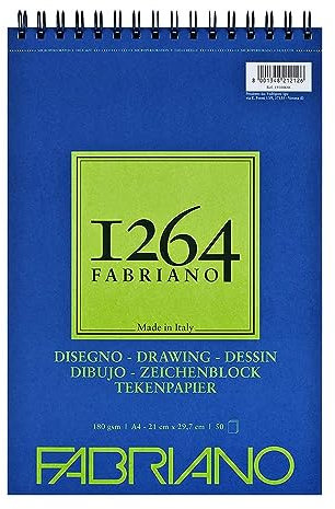 Honsell 19100646 - Fabriano Disegno Zeichenblock mit Spiralbindung 1264, 180 g/qm, DIN A4, 50 Blatt naturweißes, satiniertes Papier mit mittlerer Körnung, säurefrei, für alle Trockentechniken