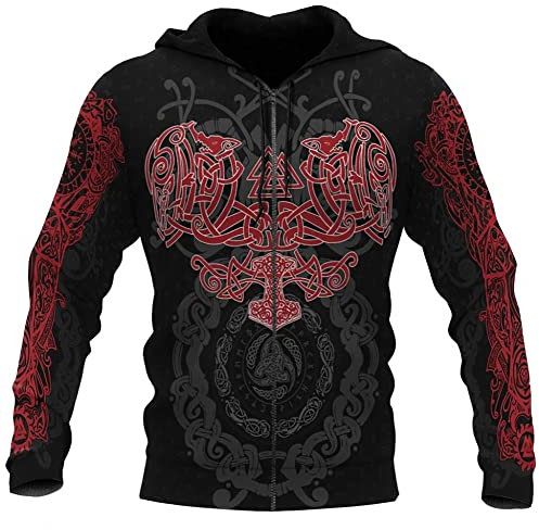 WDBAYXH Norse Mythology Ravens Huginn and Muninn 3D Print Hoodie, Thor's Hammer Zip Sweatshirt, Viking Tattoo Personnalité Streetwear, Celtic Pagan Workout Casual Jacket,Zip,XL