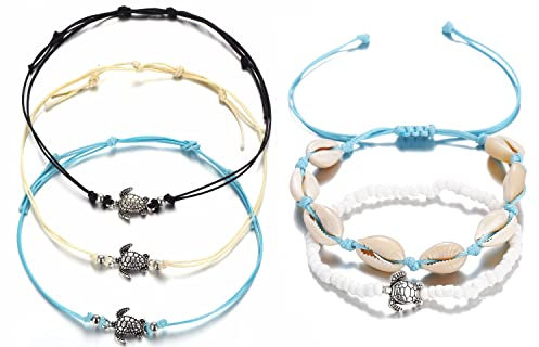 Liitata 5 Stück Schildkröte Muscheln Fußkettchen Set Boho Schildkröten Fußkettchen Handmade Gewebt Fußband Geschichtet Perlen Fußkette Verstellbare Strand Fußschmuck für Frauen Mädchen