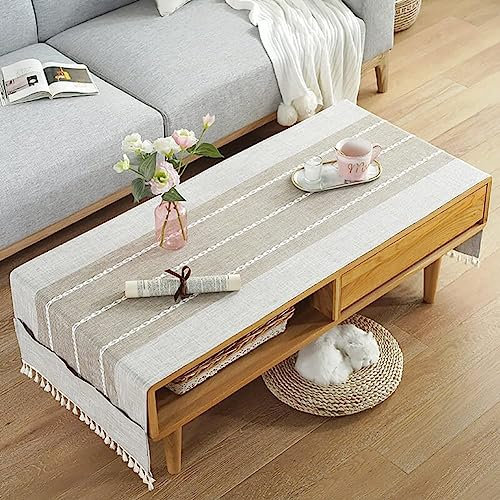 RofHaus Tovaglia in cotone e lino con tasca laterale per oggetti, rettangolare, anti-macchia, tovaglia da tavolo, per salone, balcone, giardino, 60 x 160 cm