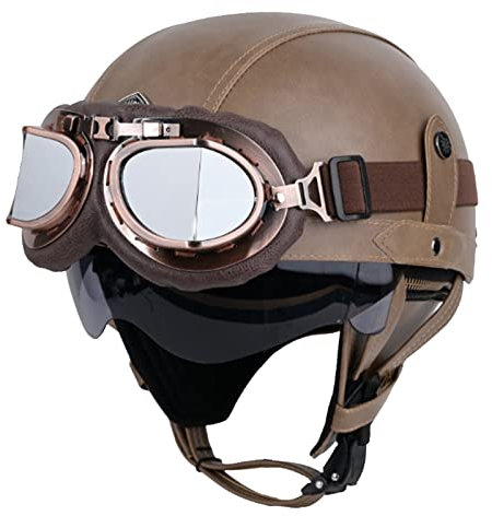 LHBM Rétro Casque Moto Demi-Jet Homologué Dot/ECE - Visière UV, Lunettes, Style Vintage en Cuir pour Scooter, Bike, Chopper, Moped - Taille XL (61-62cm)