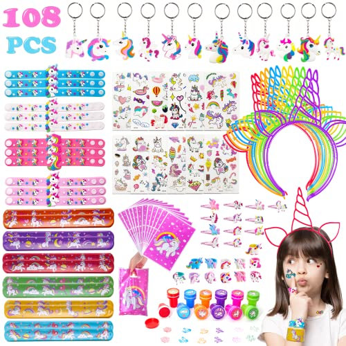 YOCOLE 108 Stück Einhorn Party Mitgebsel Kindergeburtstag Gastgeschenke Geschenk Kinder, Einhorn Haarreif Stempel Kinder Tattoos Schnapparmband Schlüsselanhänger Geschenktüten Haarspangen Mädchen