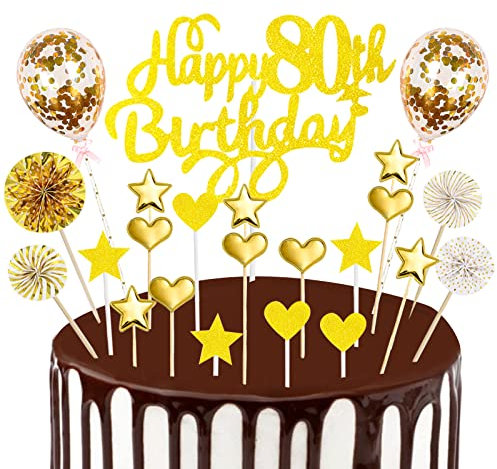 Happy 80th Birthday Cake Topper Gold, Glitter 80th Birthday Cake Topper Kit with Star Heart Paper Fans Confetti Balloon, Cupcake Topper for Women Men 80th Birthday Anniversary Party Cake Decorations