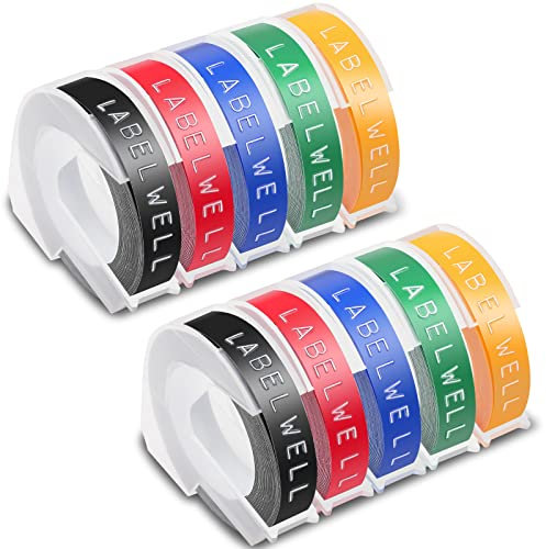 Labelwell 9mm Kompatible Prägeband als Ersatz für Dymo 3D Kunststoff Prägebändern Selbstklebend Etikettenband Weiß auf Schwarz/Rot/Blau/Gelbem/Grün für Dymo Omega und Junior E-101 E-303
