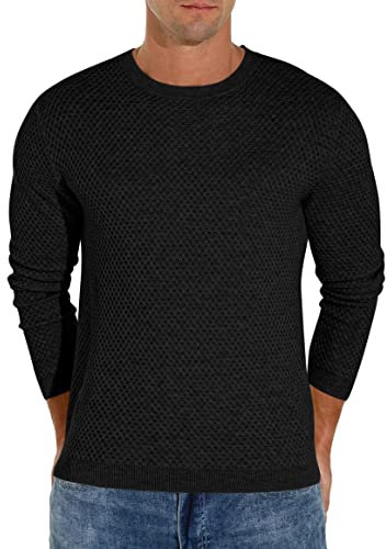 Hisir Mens Jumpers Knit Winter Warm Casual Waffle Lightweight Wool Sweaters Tops Long Sleeve Knitwear Pullover Jumper for Men (Black, L)