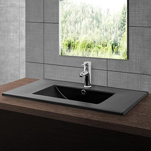 ML-Design Lavabo en Céramique Noir Mat 81x17,5x47 cm, Rectangle, Vasque à Encastrer Moderne, Lavabo de Comptoir Élégant, Lavabo avec Trou pour Robinet,Trop-Plein et Trou d'Écoulement, Salle de Bain