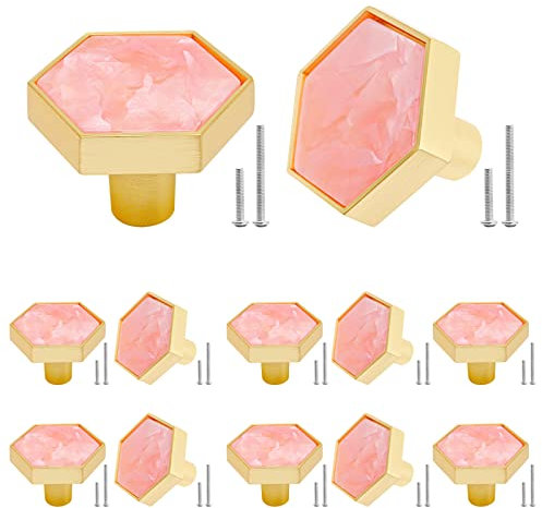 SWZHAI 12 Stück goldene Knöpfe für Kommodenschubladen, gebürstetes Messing, sechseckige Knöpfe, Schubladenknöpfe, 3.8 cm, goldene Schrankknöpfe, Kommodenknöpfe, Möbelknöpfe, Rosa
