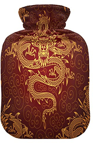 Chinese Animal Dragon Hot Water Bottle with Cover, 1 L Transparent Hot Water Bag Hot Cold Compress, Great for Cramps Back Shoulder Pain Relief, Kids Men Women Hand Foot Warmer