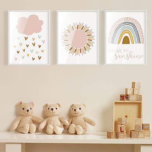 Bilder Kinderzimmer Poster Babyzimmer Mädchen Deko Boho Wandbilder Regenbogen Wolken Sonne Ohne Rahmen für Wohnzimmer Schlafzimmer Wandbild Kinder Junge Mädchen