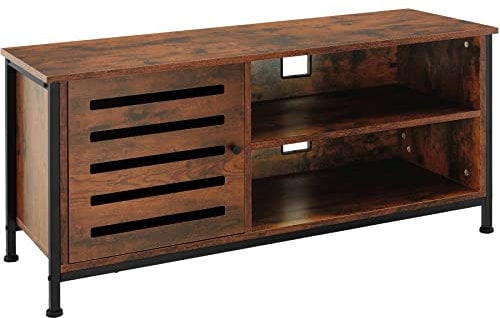 tectake® TV-Schrank für Fernseher bis 55 Zoll, 110 x 41,5 x 50,5 cm, Holz Lowboard mit 2 offenen Fächern und Schrankfach, Industrie-Design, schwarzes Metallgestell (Industrial Dunkelbraun)