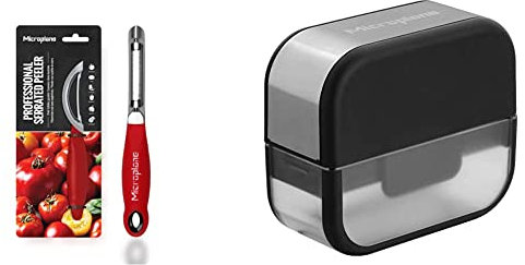 Microplane Profi-Schäler mit gezahnter Doppelklinge in Edelstahl für Rechtshänder und Linkshänder & Knoblauchschneider mit rasiermesserscharfer Edelstahlklinge - Made in USA
