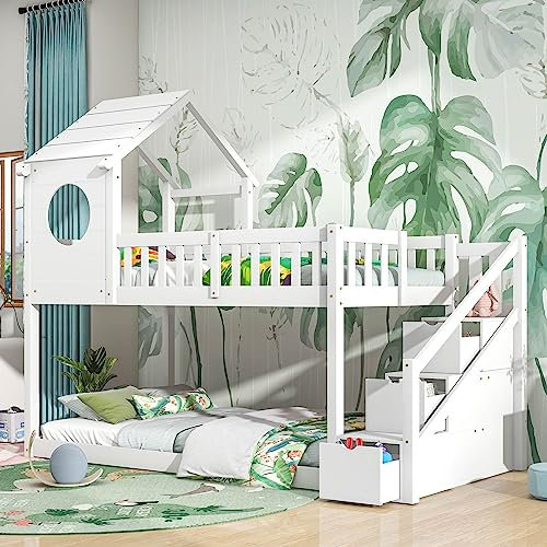 Baumhaus Kinderbett 90 x 200cm, Ins und aus dem Bett kommen, Doppelbett, Kinderbett in Hausform, Leiterschrank, Kiefernholz Haus Bett for Kids, ohne Matratze, weiß