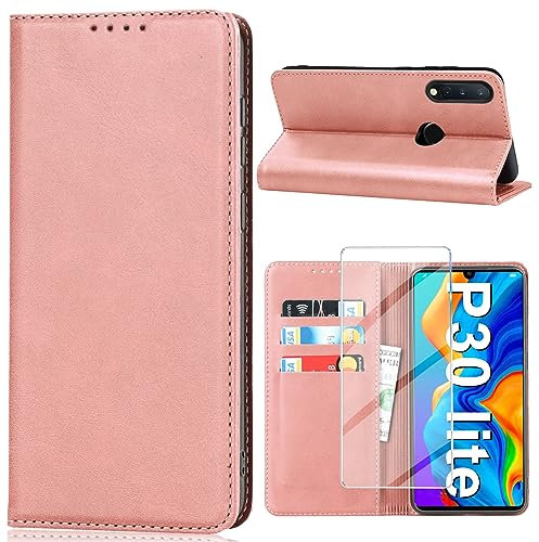 Handyhülle für Huawei P30 Lite Hülle mit Schutzfolie, Schutzhülle P30 Lite 5G PU Leder Wallet Kartenfach Ständer Klapphülle Lederhüllen Case für Huawei P30 Lite 4G Tache Cover (Rosa)
