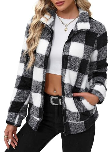 BesserBay Winter Damen Stehkragen Casual Warm Teddyfleece Jacke Alltag Fashion Sweatjacke Schwarz Weiß Karo XXL
