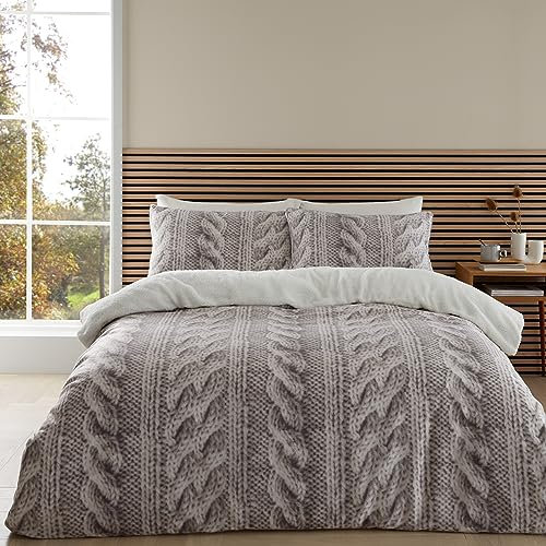 Catherine Lansfield Kuscheliges, warmes Zopfstrick-Fleece-Bettwäsche-Set für Doppelbett mit Kissenbezügen, cremefarben