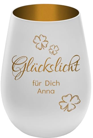Windlicht mit Gravur Glückslicht - personalisierbar mit Wunschtext - Weiss/Gold - Höhe 12 cm - Geschenk Teelichthalter graviertes Kerzenglas