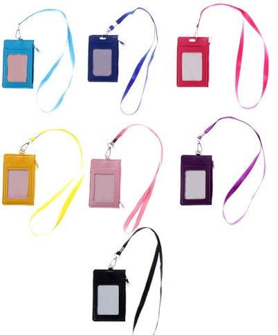 Pokinge Lot de 7 porte-cartes d'identité avec cordon tour de cou, mini porte-monnaie en cuir synthétique à fermeture éclair, porte-monnaie, porte-monnaie, porte-badge, pour l'école, le bureau