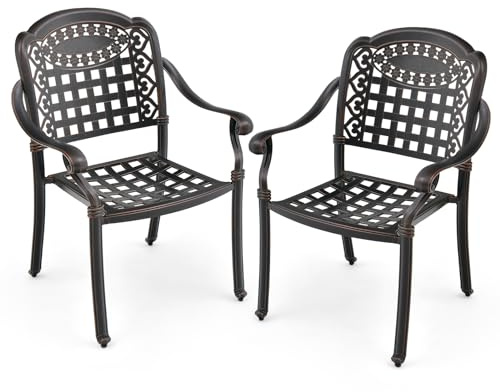 GOPLUS Lot de 2 Chaise de Jardin Exterieur en Aluminium, 66 x 62 x 90 CM, Fauteuil de Jardin Empilables avec Accoudoirs, Patins Réglables, Chaise en Métal pour Jardin, Terrasse, Balcon (Bronze)