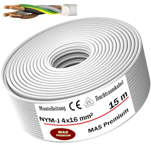 MAS Premium 5-100m Feuchtraumkabel Stromkabel Mantelleitung NYM-J 4x1,5, 2,5, 4, 6, 10 oder 16 Elektrokabel Ring für feste Verlegung (NYM-J 4x16 mm², 15m)