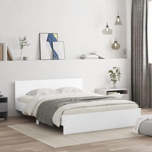 vidaXL White Engineered Wood Bed Frame - King Size 150x200 cm with Headboard and Sturdy Plywood Slats for Bedroom Comfort
