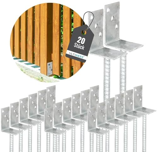 Ultiness® L-Pfostenträger 60x80mm, feuerverzinkt, mit Riffeldolle zum Einbetonieren, robust & optimal für Zaun-, Holz- & Pergolenbau (60 x 80 x 200 mm, 20, Anzahl)