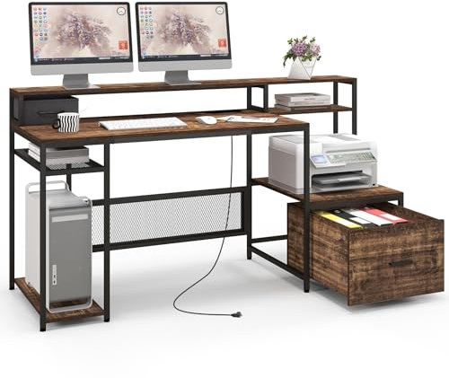 GIANTEX Escritorio para ordenador con soporte para monitor, mesa de trabajo de 170 cm de largo con estación de alimentación integrada y cajón de archivos, estación de trabajo doméstica con estantes,
