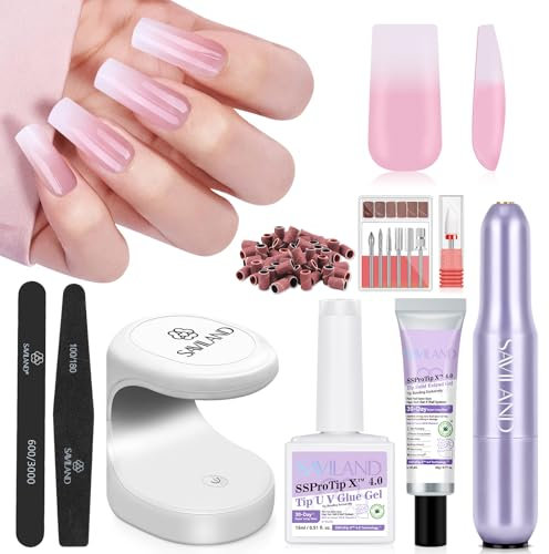 SaviLand Kit Faux Ongles et Colle en Gel: 256PCS Pointes d'Ongles dégradé Rose et Blanc Carré Long, Ponceuse a Ongle Professionel, Lampe U V, 15 ML Colle Gel a Ongles et 20ML de Colle Solide