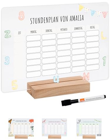 Bärenfreunde - Personalisierbarer & Abwaschbarer Stundenplan aus Acryl + Stift, Holzhalter - Einschulung Geschenk, Schultüte zum Schulanfang oder Grundschule (Zahlen Buchstaben,mit Holzhalter)