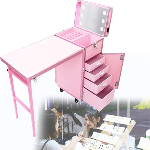 DPLWJPP Portable Foldable Nail Table, Pink, Modern Style, 38cm x 29cm x 76cm, 4 Drawers, Built-In Mirror, Speakers, Lights, Tripod Design, Beauty Salon Use