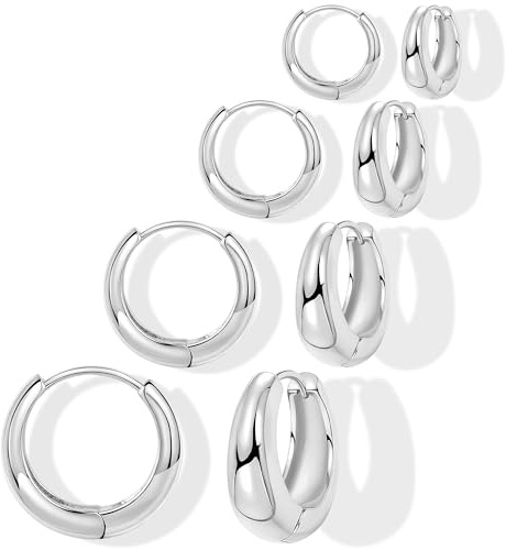 4 Paar Ohrringe Silber Set, Helix Piercings Chirurgenstahl Ohrringe für Damen Stapelbar Leichte Creolen Kleine Medizinische Hypoallergene Statement Piercing Ohr Schmuck für Mehrere Piercings