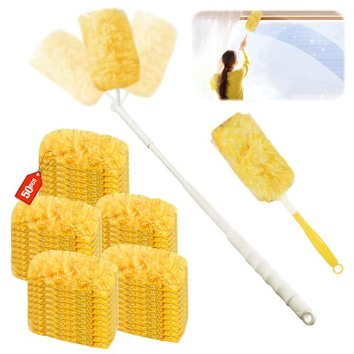 52 Pezzi per Swiffer Panni Catturapolvere Ricambi Kit,3D 360° per Swiffer Duster Piumini Ricariche, con Manico e Palo Telescopico, per Intrappolare Polvere e Sporco
