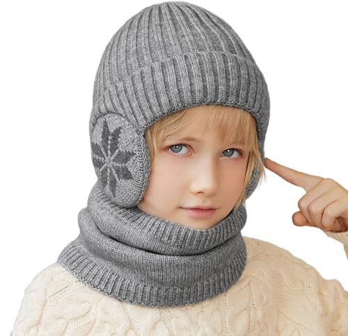 Cheerful Mario 3-8 Jahre Winter Mütze Schal Set Kinder Jungen Wintermütze mit Ohrenschützer und Loop Schal Warme Fleecefutter Grau