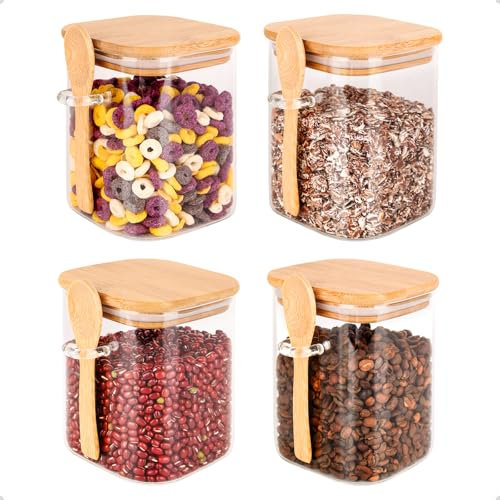 HUALIANG Vorratsgläser mit Deckel und Löffel 4er Set,950 ml Vorratsdosen Glas Eckig Glasbehälter,Meal Prep Glas Luftdicht Gewürzgläser aus Borosilikatglas,Aufbewahrungsgläser Küche für Gewürze,Kaffe