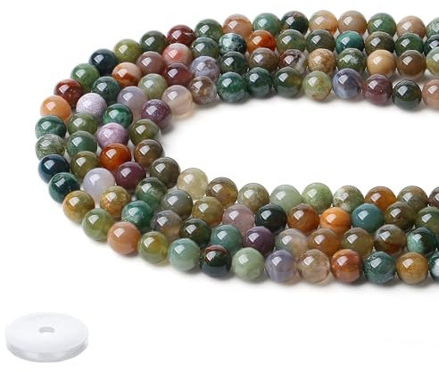 QINJIEJIE Indischer Achat Perlen zum Auffädeln 8mm Edelstein Perlen Zum Basteln 50 Stück Runde Kristall Mehrfarbig Glasperlen Perlen für Armbänder Erwachsene DIY Halskette Schmuckherstellung