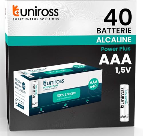 Uniross Pile Alcaline Mini Stilo AAA LR03 Power Plus da 1,5V Lunga Durata per Sveglie Orologi Telecomandi e Giocattoli Radiocomandati - Confezione da 40 Batterie