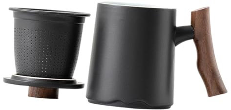 MAGICLULU Keramikbecher für Verschiedene Anlässe Schwarzer mit Holzgriff und Teesieb 360ml Großer Fassungsvermögen Elegantes Minimalistisches Design