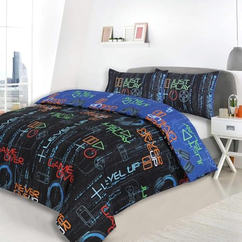 Charlotte Andersen Gaming Double Duvet Cover Set, Polly Cotton Kids Boys Gamers Bedding Reversible in Black & Blue (Black, Double)