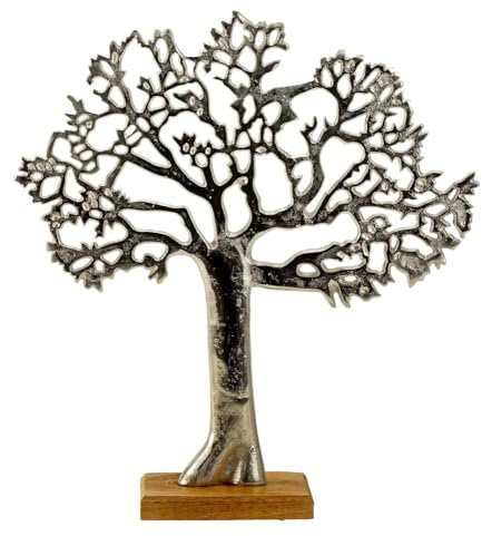 Generisch Scultura decorativa con albero della vita, altezza = 34,5 cm e larghezza = 31 cm, colore argento con base in legno, design moderno