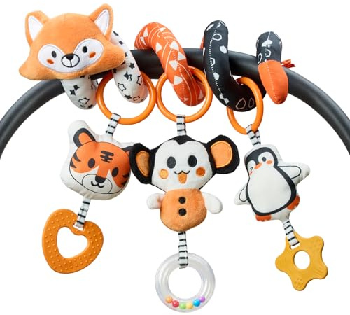 TUMAMA Kontrast Schwarz Weiss Baby Kinderwagen Spirale Spielzeug ab 0 3 6 9 Monate, Fuchs Activity Spirale Babyspielzeug für Autositz, Plüschtier Auto Hängespielzeug Baby Rücksitz Mit Rasseln Beißring