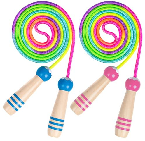 2 piezas de cuerda de saltar para niños, 250cm ajustable cuerda de saltar con mango de madera y arco iris cuerda de saltar para quemar grasa y saltar ejercicio y fitness