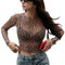 JSTHHTT Women's Mesh Top Long Sleeve Sheer Crop Tops, Sexy Skinny Cropped See Throgh T-Shirt Mesh Tops, Women's Leopard Going Out Tee Blouse for Party Clubwear