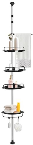 homewell Étagère de douche télescopique - Étagère d'angle de salle de bain avec 4 étagères - Hauteur réglable de 105 à 310 cm - Sans perçage - Étagère télescopique inoxydable - Noir