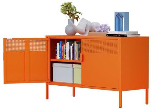 Metall-Speicher-Schrank mit Türen und Regalen, Stahl-Niederschrank für Wohnzimmer, Metall-Akten-Schrank für zu Hause und Büro, Orange, 40T x 100B x 64H cm