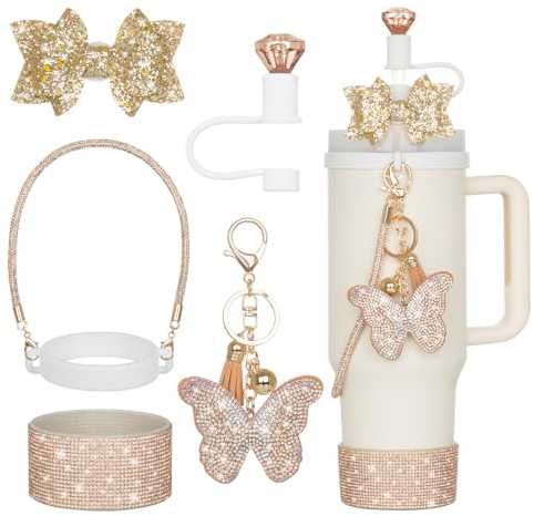 Rabrgab 6Pcs Gold Stanley Cup Accessories with Bling Handle Strap, Diamond Straw Topper Straw Cover Cap, Bling Bow, Diamond Boot, Bling Butterfly Charms for Water Bottle Tumbler 20oz 30oz 40oz