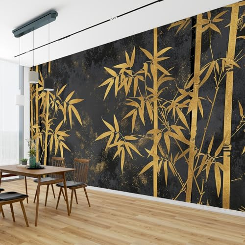 QEODAH Bamboo Wallpaper for Living Room, Black and Gold Leaf Wall Art for Bedroom, Jungle Tropical Wall Murals for Bedrooms, Renter Friendly Removable Waterproof Photo Wallpaper 3D, 100x70 cm
