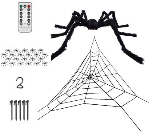 Telaraña Halloween, Telaraña Gigante Halloween, 8 Modos de Luz LED Brillante Tamaño Gigante para Casa Embrujada Ventana Jardín Pasillos